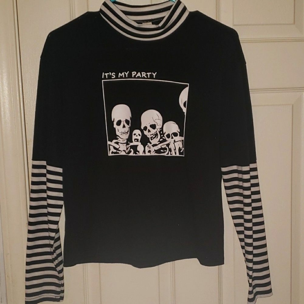 Romwe Black White Skeleton Shirt